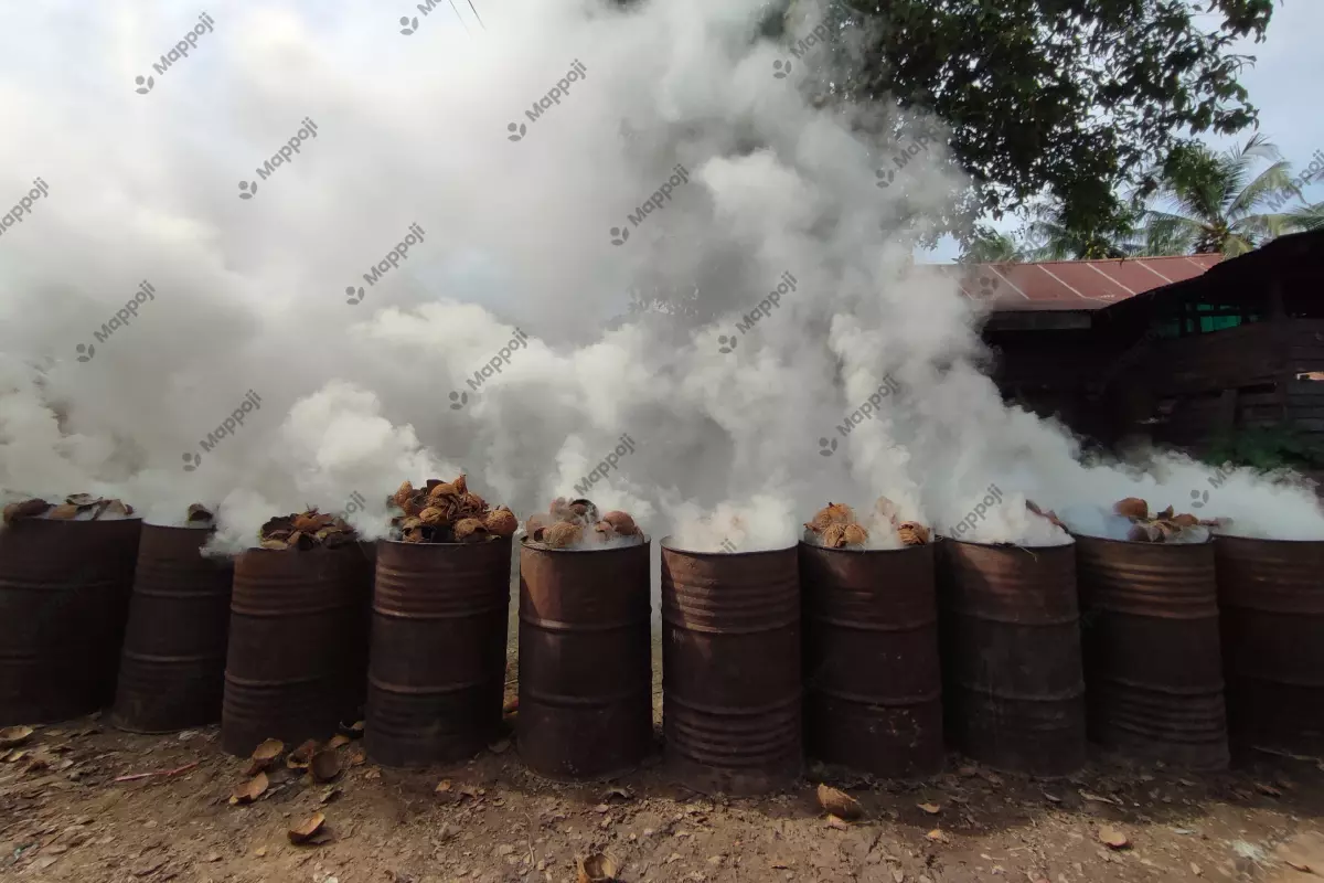 The process of carbonizing coconut shells through smoking to convert them into charcoal.